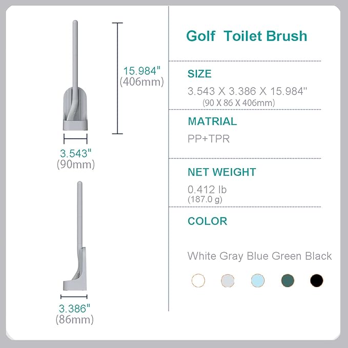 Toilet Brush, Long Handle Golf Toilet Brush with Holder 360° Deep Cleaning Flexible Silicone Toilet Cleaner Brush Wall Mounted for Bathroom (Grey)