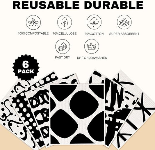 6 Pack Swedish Dishcloths for Kitchen,Geometric Dish Cloths Super Absorbent Reusable Paper Towels Washable, Quick Drying, Dishwasher,Kitchen Gifts for Women