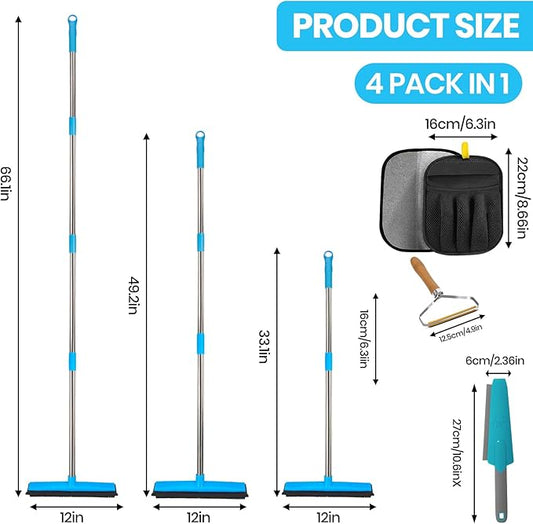 Carpet Rake for Pet Hair Removal, 4-in-1 Reusable Carpet Broom, 66" Adjustable Long Handle Carpet Rake with Squeegee,Rubber Edge Broom Rug for Hardwood Floors, Mats and Couches