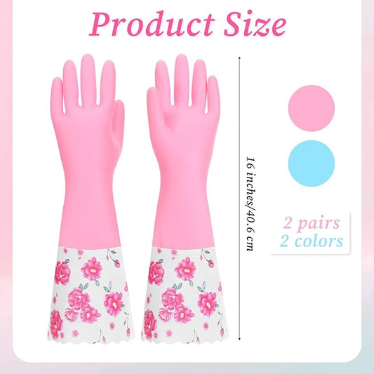 2 Pairs Rubber Cleaning Gloves Household Kitchen Dishwashing Gloves Long Cuff Glove with Cotton Flocked Liner Reusable Waterproof Non-Slip Household Glove for Bathroom Laundry Gardening Gift for Mom