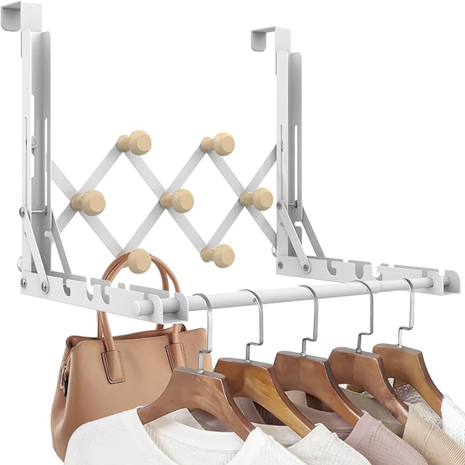 FYY Over The Door Drying Rack for Clothing - Collapsible Folding Over-Door Towel Hanger Multifunctional Expandable Clothes Drying Rod with 7 Hooks for Hanging Use in Bedroom Dorm Bathroom Laundry