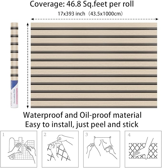 Arthome Wood Slat Wallpaper 17''x393'' Peel and Stick self Adhesive Wood Wallpaper PVC Vinyl Decorative Removable Wallpaper Waterproof Faux Wood Grating Stripe Contact Paper for Living Room (Oak)