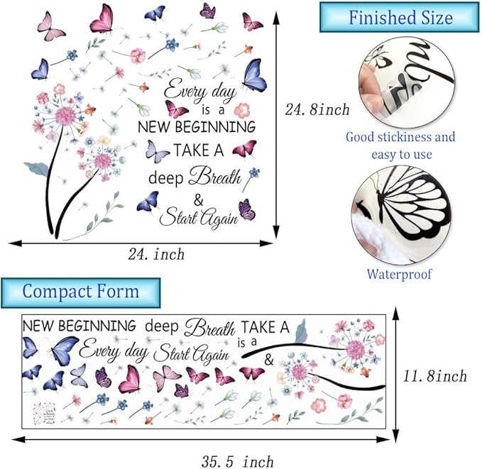 Flowers Wall Decals Removable Dandelion Wall Stickers Inspirational Quotes Flying Butterfly Wall Stickers Murals Self-Adhesive Peel and Stick Colorful Flower Wall Decor for Girls Bedroom Living Room