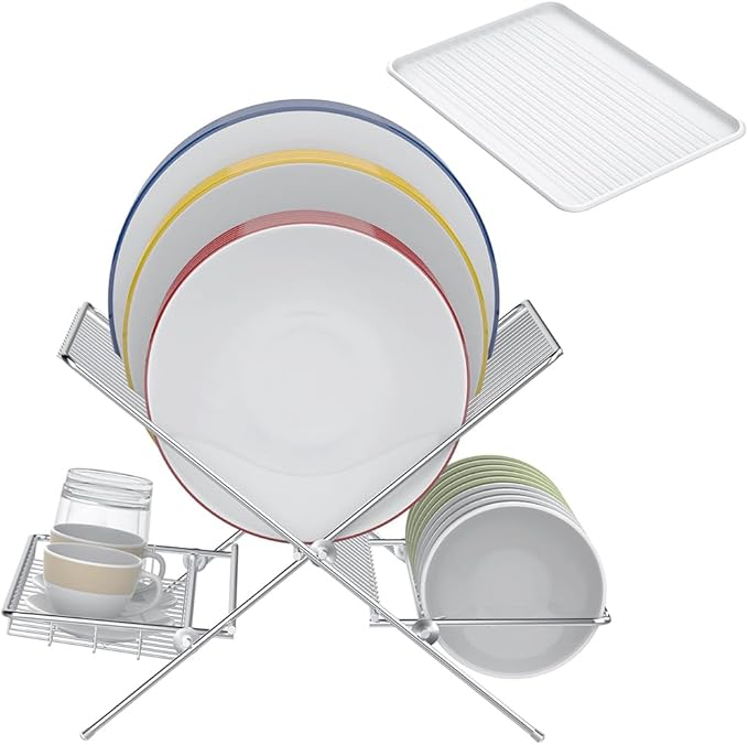Dish Drying Rack with Drip Tray, Upgrade 3 Tier Collapsible Stainless Steel Dish Drainer, Plate Rack Holder for Kitchen Counter, Folding Dish Rack for Kitchen Sink, Countertop,Cutlery, Plates, Dishes