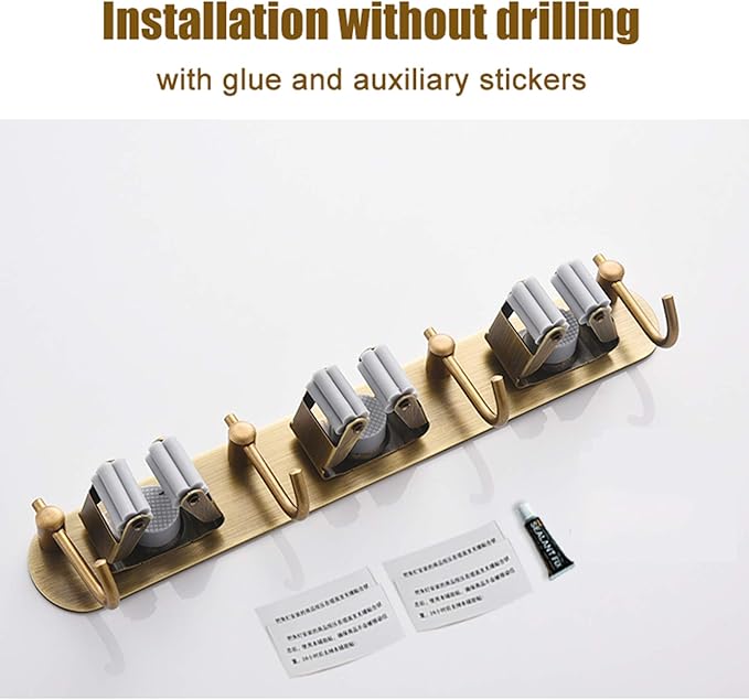 Mop Broom Holder Wall Mount Garden Tool Organizer, Brass Heavy Duty Tool Hanger with 3 Racks 4 Hooks for Kitchen Bathroom Closet Garage Office Laundry