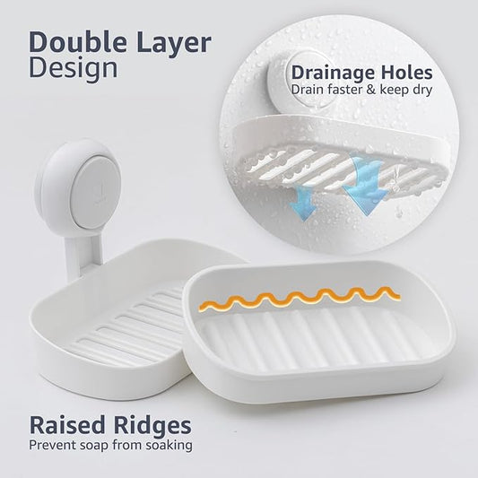 LEVERLOC Soap Holder Suction Cup for Shower, 2 Pack Bar Soap Dish Holder for Shower Wall Mounted NO-Drilling, Plastic Self Draining Removable Vacuum Suction for Bathroom Bathtub Sink
