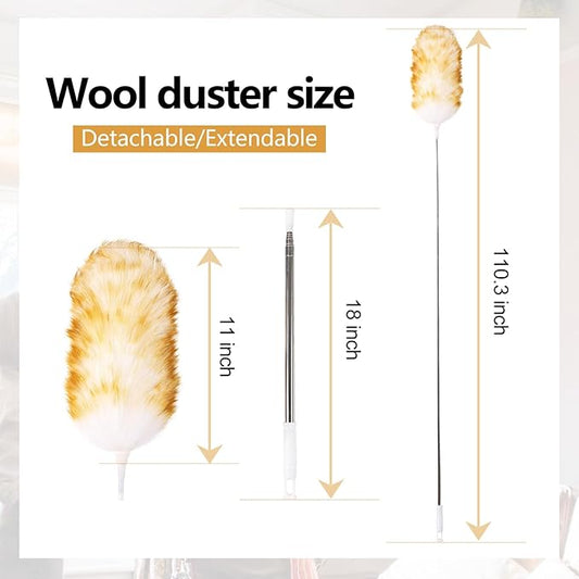 Lambswool Extendable Duster 29-110 Inch, Anti-Static Flexible Head, Stainless Steel Pole for High Ceilings, Fans, Interior & Roof Dusting.