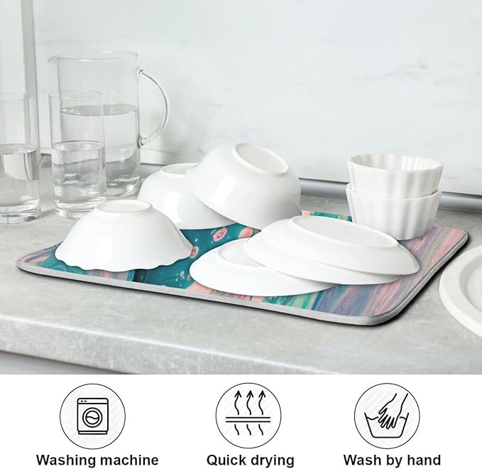 Super Absorbent Dish Drying Mat, Microfiber Fast-Drying Dish Mat, 24" x 18", Kitchen Dish Drying Pad, Marble Pink Green