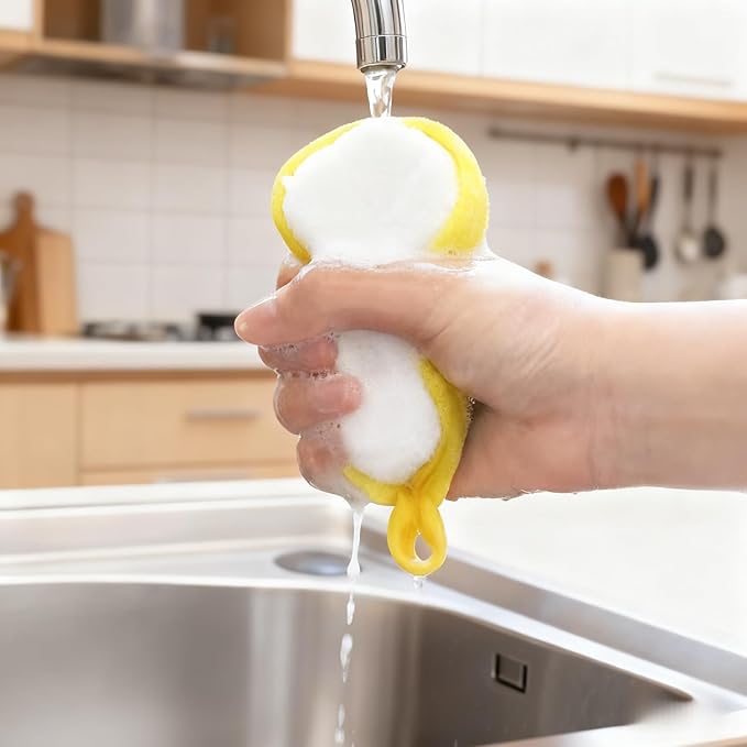 Double Sided Dish Sponges, Extra Thick 2.5cm Scrub Sponges Non Scratch for Kitchen, Heavy Duty Scouring Pads with Handle Hole for Dish Washing, Sink & Stove Cleaning (10 Pack)