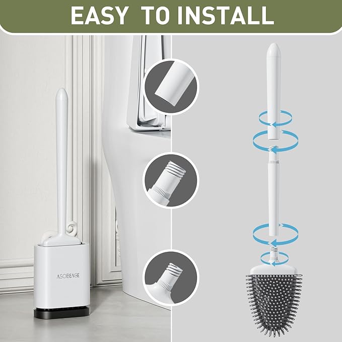 ASOBEAGE Deep Cleaner Toilet Brush: Silicone Toilet Brush with No-Slip Long Plastic Handle and Flexible Bristles, Quick Drying Holder Set for Toilet(White)