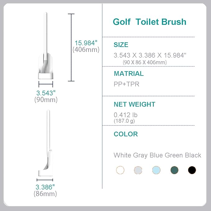 Toilet Brush, Long Handle Golf Toilet Brush with Holder 360° Deep Cleaning Flexible Silicone Toilet Cleaner Brush Wall Mounted for Bathroom (White)