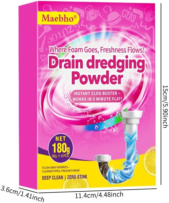 Sink and Drain Cleaner Powder | Fast-Acting Foaming Portable Powerful Powder Pipe Dredge Cleaning for Kitchen, Bathroom, Toilet, Shower Drain Maintenance(6 Unit Pack)