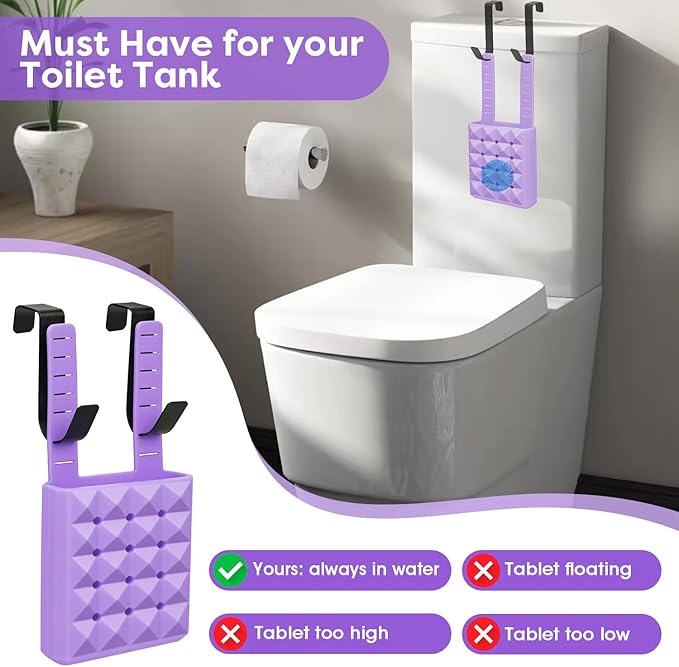 2Pcs Adjustable Toilet Tank Tablet Holder-Hanging Silicone Basket Carrier with Rustproof Hooks for Bowl Cleaner & Bleach Tablet Hanger Pouch Organizer, Accessory Fit Up to 7" Water Level