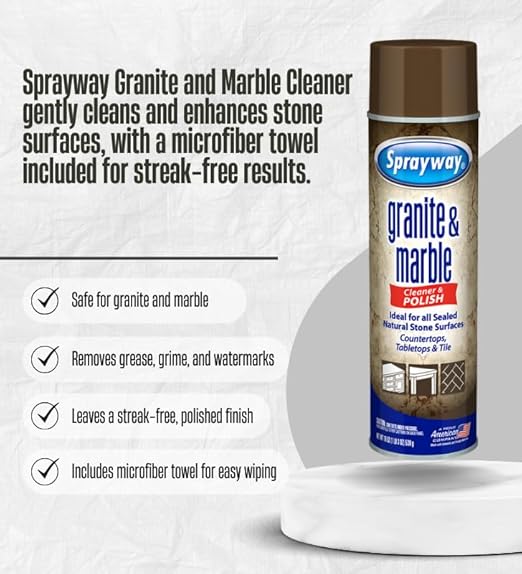 Sprayway Granite and Marble Cleaner 19 oz Spray Bundle with Microfiber Cloth – Cleans and Polishes Natural Stone Surfaces – Granite Countertop Cleaner – Gift Set (2 Items)
