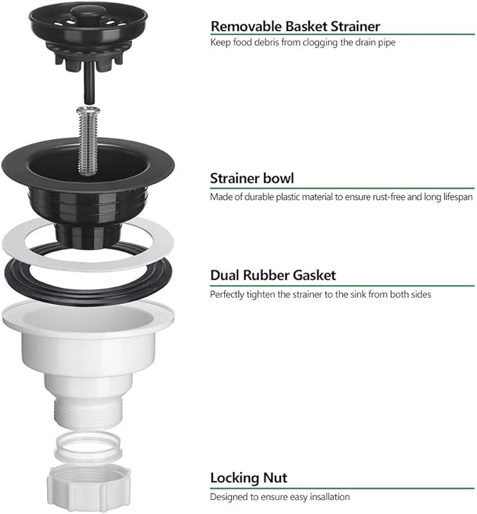 Serene Valley 3-1/2 inch Kitchen Sink Strainer Assembly with Stopper for Matching Color of Granite or Fireclay Sinks (Black)