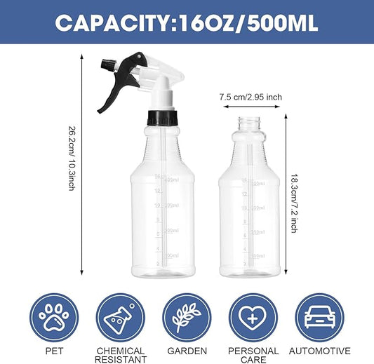 10 Pack Spray Bottles 16 oz Empty Water Spray Bottles for Cleaning Heavy Duty Refillable Squirt container with Measurements Adjustable Nozzle for Household (Black and White,Clear Style)