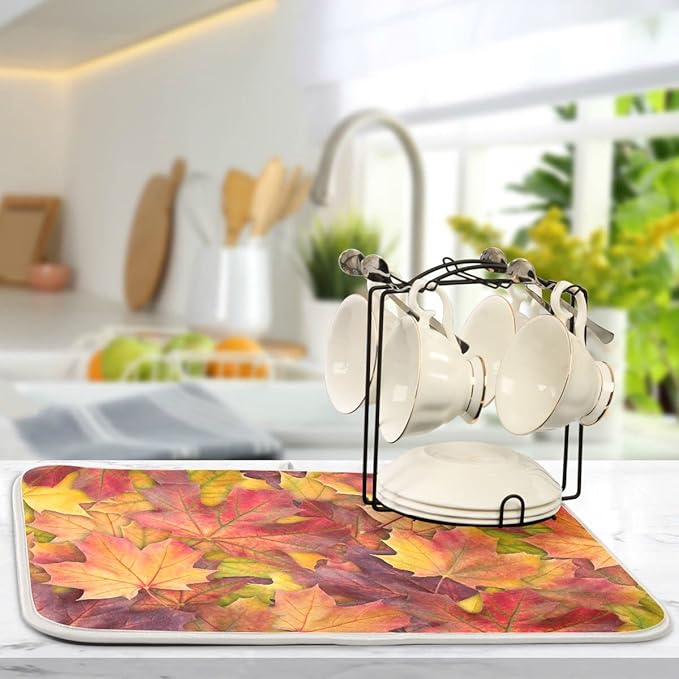 Colorful Autumn Maple Leaves Dish Drying Mat for Kitchen Counter Fall Drying Mat 18 x 24 Inch with Absorbent Reversible Microfiber Dish Drying Pad Dish Rack Drainer Mats for Coffee Bar