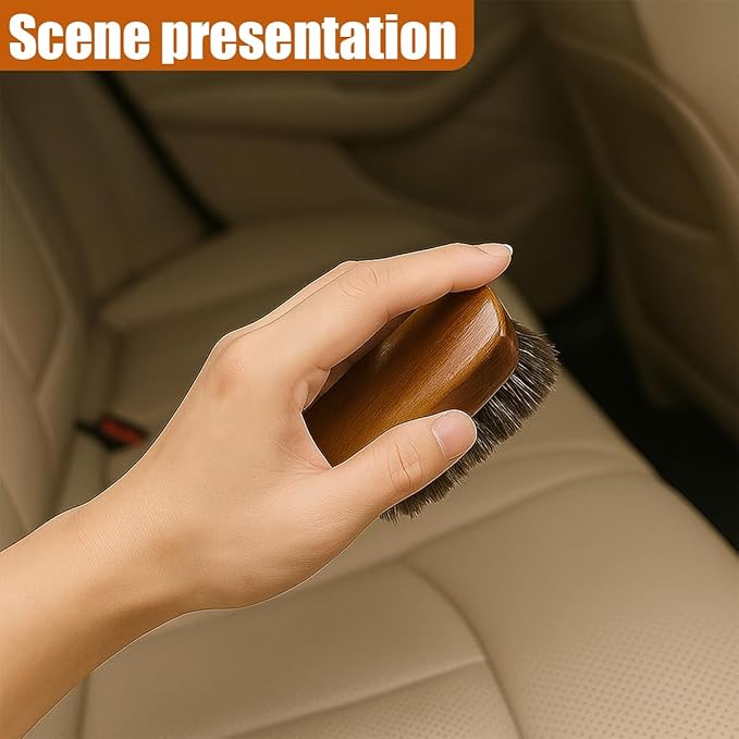 Car Leather & Upholstery Cleaning Brush Set, Horse Hair Long Bristle Detailing Brush, Versatile Automotive Interior Cleaning Accessories for Seat, Carpet, Sofa, Furniture, Shoes (Brown)