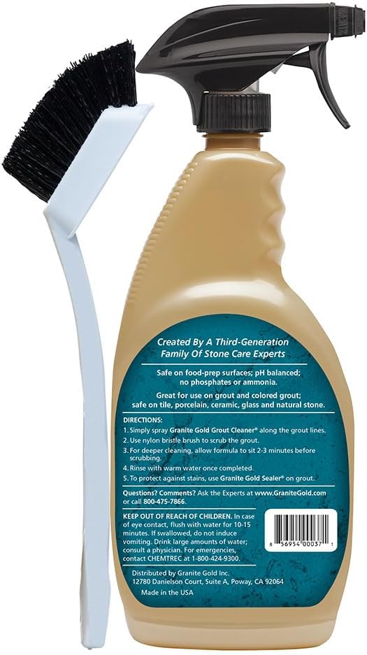 Granite Gold Grout Cleaner Spray with Brush for Stone, Ceramic, Glass & Colored Grout, 24 Ounce