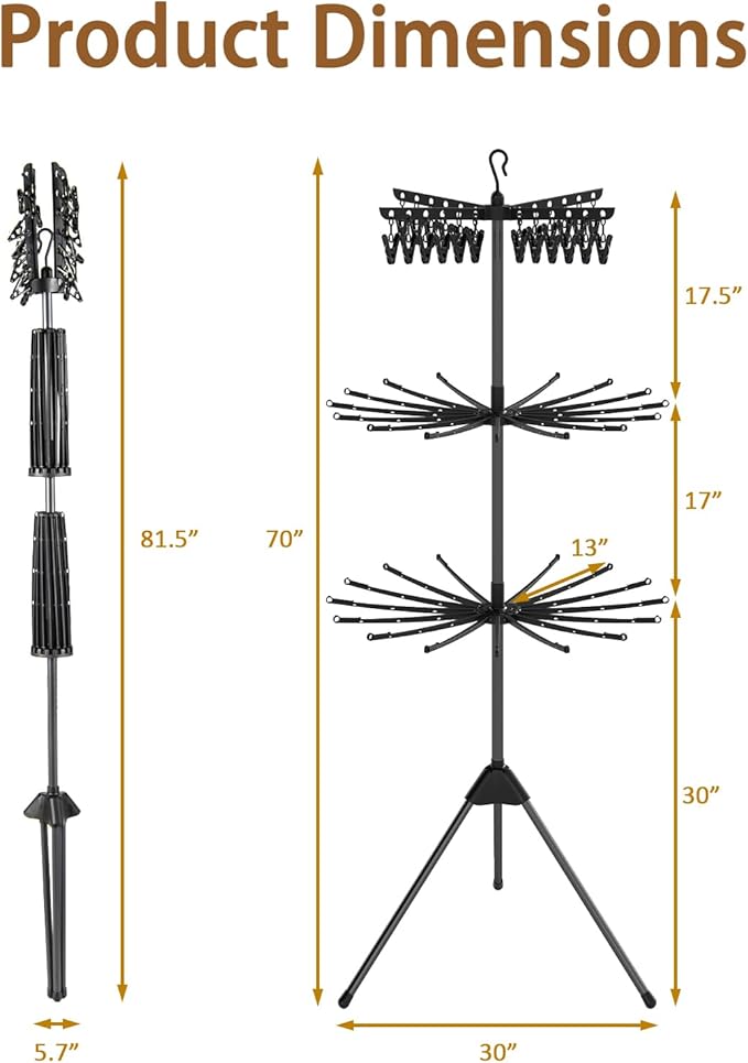 COSTWAY 3-Tier Clothes Drying Rack, Foldable Garment with 32 Hanging Rods & 24 Clips, 360° Rotatable Arms & Detachable Clip Rack, Collapsible Tripod Drying Rack for Laundry Room & Balcony, Black