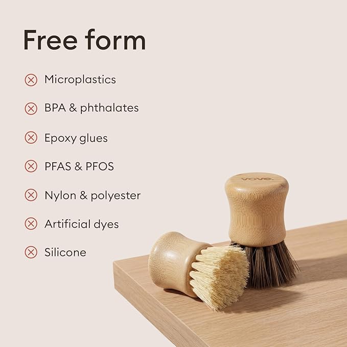 Vove Bamboo Scrub Brush Set with Ceramic Holder, 3 Pack - FSC Certified Bamboo, Plastic-Free Natural Sisal Bristles, Stainless Steel - Kitchen Dish Scrubbing Set with Cup, 1 Hard, 1 Medium