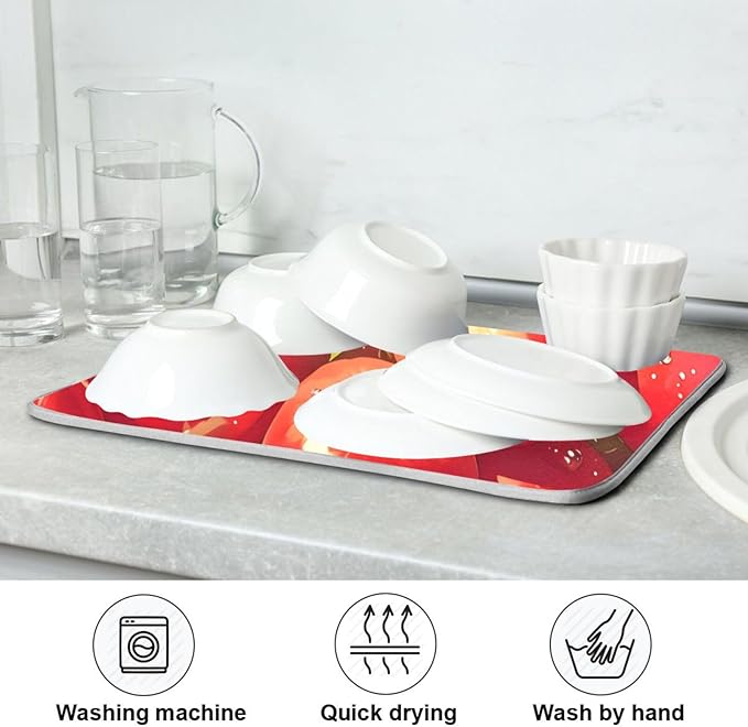 Red Apples Dish Drying Mat for Kitchen Counter Absorbent Microfiber Drying Pad, Medium 16x18 in