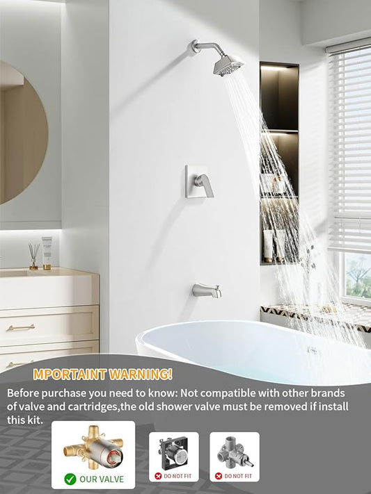 Brushed Nickel Shower Head and Handle Set 5 Inch Bathtub Faucet Shower Faucet with 6-Spray Shower Head Shower Valve Kit Modern Shower Set High-Pressure Shower Trim Kit