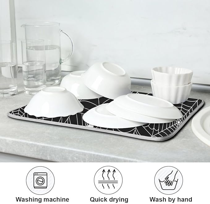 Halloween Spooky Spider Web Dish Drying Mat for Kitchen Happy Halloween Creepy Decoration Microfiber Drying Mats Absorbent Reversible Dish Pad Large Dish Draining Mat 18x24 inch