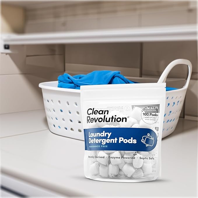 Clean Revolution, All Natural, Enzyme Powered Laundry Detergent Pods, Fragrance Free, 100 Pods, Sensitive Skin, HypoAllergenic Laundry Soap, Septic Safe, Made in the USA