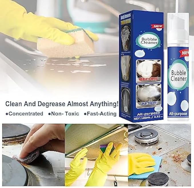 2PCS Bubble Cleaner, Foaming Heavy Oil Stain Cleaner, Stubborn Grease & Grime wipe Spray, All Purpose Cleaning for Kitchen and Other Stains (100ML*2)