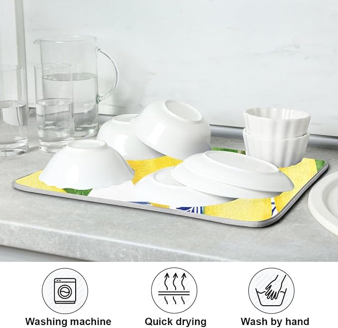 Lemon Blue Tiles Dish Drying Mat for Kitchen Counter Absorbent Microfiber Drying Pad, Medium 16x18 in, Reversible Drainer Mats