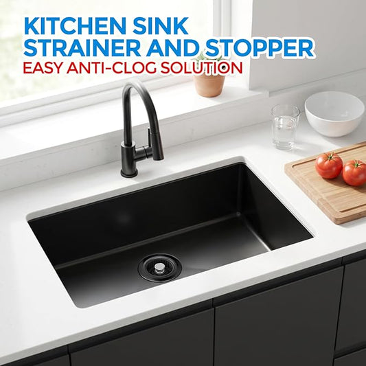 Sink Drain Strainer - Brushed Black Kitchen Sink Stopper, 3 in 1 Stainless Steel Pop-Up Drain Plug with Anti-Clog Basket, Matte Black Cover Fits Standard 3-1/2" Kitchen Sink Drains