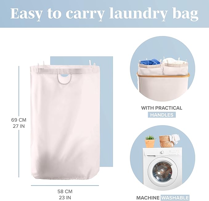 LONBET Laundry Basket with Lid, Made from Breathable Fabric | Aesthetic Clothes Hampers for Laundry with Side Handles & Sturdy Bamboo Frame (40 Gallons - Double, Beige)