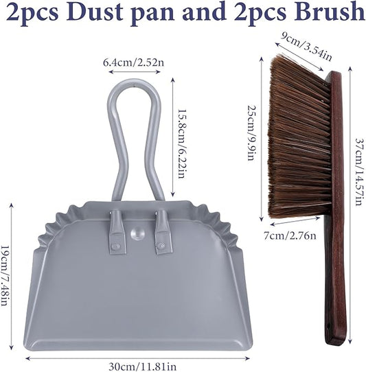 2pcs Metal Dustpan and Brush Set, 12In Extra Large Handheld Dust Pan and Wood Broom,Heavy-Duty Dust Pans Metal Edge Flat Against Floor for Patio/Pet/Car/Outdoor