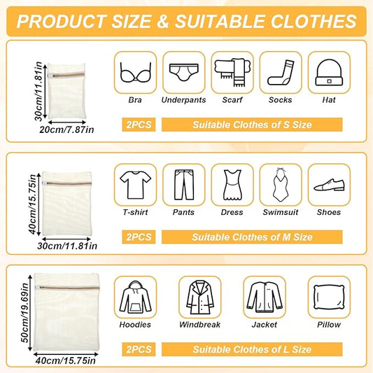 6 Pcs Laundry Bag Mesh Wash Bag Zipper Cotton Mesh Laundry Bags for Delicates, Lingerie Bags for Washing Delicates, Underwear, Pants, Shoes, Socks, Bra
