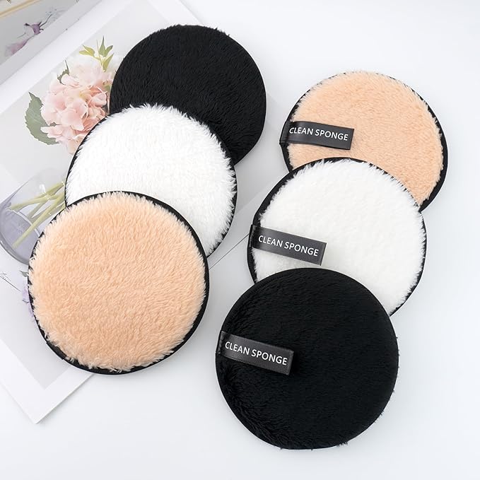 BlingKingdom 6 PCS Makeup Remover Pads Reusable Double-Sided Facial Cleansing Puffs Round Make Up Remover Pads for All Skin Types - 3 Colors
