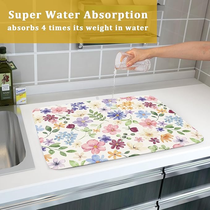Spring Floral Dish Drying Mat for Kitchen Counter 18x24 Easter Green Pink Purple Blue Cute Flower Print Absorbent Reversible Microfiber Drying Mats Kitchen Countertop Protector Dishes Drainer Pad