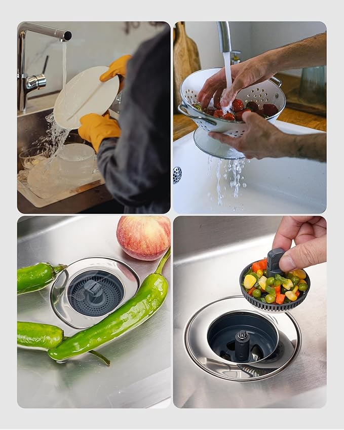 Hibbent 3 in 1 Kitchen Sink Drain Strainer and Stopper Combo, Chrome Stainless Steel Wraped Shell, 3 Anti-Clogging Basket Strainer with Foldable Handle for US Standard 3-1/2" Drain