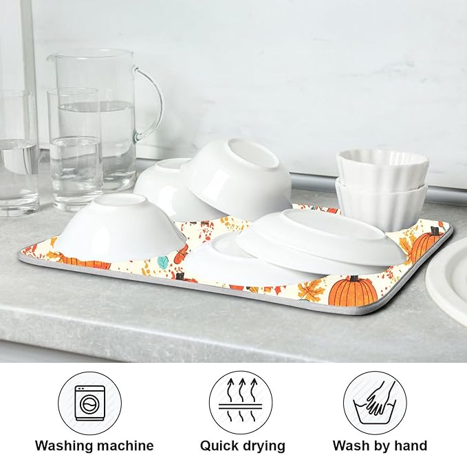 Fall Fox Dish Drying Mat for Kitchen Countertop 16x18 Autumn Chestnuts Pumpkin Berry Thanksgiving Day Small Drying Mat Reusable Quick Dry Dish Sink Mats Easy Clean Decorative Essentials