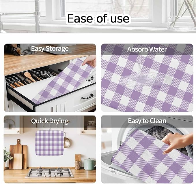Dish Drying Mat Purple Buffalo Check Plaid Drying Mats for Kitchen Counter Farmhouse Style Absorbent Microfiber Dish Drainer Quick Drying Coffee Mat with Hanging Loop, 18 x24 inch