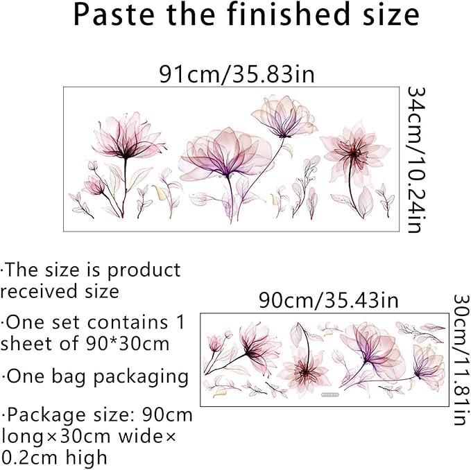 Watercolor Flowers Wall Decals - Removable Vinyl Peel & Stick Floral Wall Art for Girls Boys Nursery Bedroom Living Room Decor