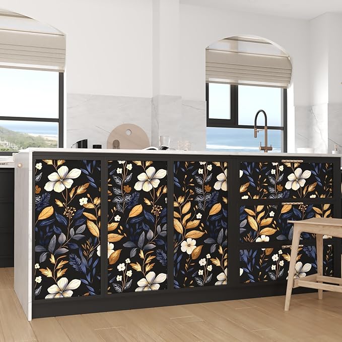 Laatse Blue/Gold Leaf Wallpaper Peel and Stick Vintage Dark Floral Wallpaper Waterproof Self Adhesive Removable Boho Wall Paper Modern for Bedroom Walls Drawer Cabinet 17.5in x118in