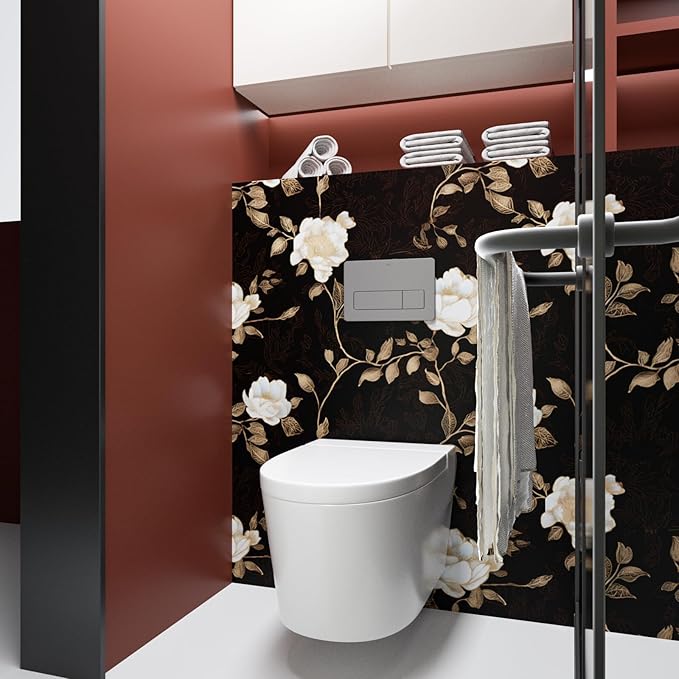 Laatse Black Golden Floral Peel and Stick Wallpaper Flowers Contact Paper 17.5"x118" Self Adhesive Waterproof Vintage Dark Floral Wall Paper for Shelf Liner Cabinet Decor