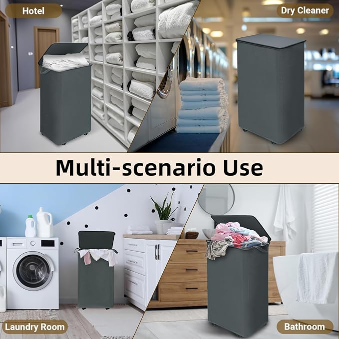 2 Pack 90L Collapsible Laundry Basket with Wheels Large Rolling Laundry Hamper with Lid and Removable Bag 4 Casters for Dirty Clothes Toy Organizer Bedroom Bathroom College Dorm Hotel, Grey