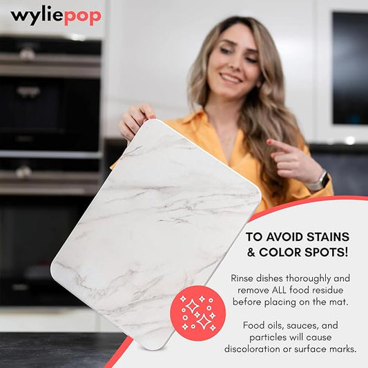 Stone Drying Mat for Kitchen Counter – Diatomaceous Earth Dish Drying Stone (White Marble) – Modern Countertop Drying Rack – Water Absorbent, Heat Resistant, Non-Slip Kitchen Mat with Towel (16"x12")