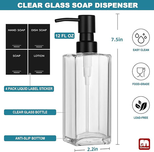 GMISUN Glass Soap Dispenser with Stainless Steel Pump, Clear Hand Soap Dispenser for Bathroom, 12 fl oz/350ml Refillable Dish Dispenser for Kitchen, Modern Liquid Soap and Lotion Bottle for Countertop