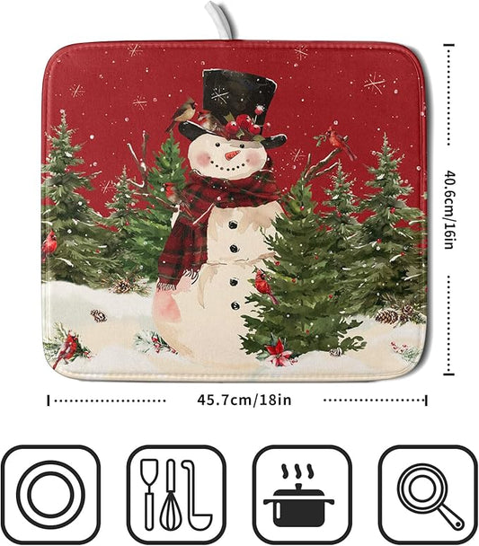 Christmas Snowman Dish Drying Mat for Kitchen Counter 16x18 Inch Watercolor Xmas Tree Bird Print Absorbent Reversible Microfiber Drying Mats Kitchen Countertop Protector Dishes Drainer Rack Pad