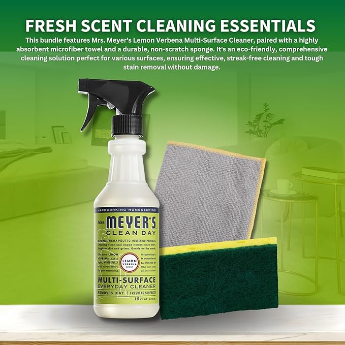 Mrs Meyers Cleaning Spray With Sponge & Microfiber Towel - All Purpose Cleaner & Mrs Meyers Multi-surface Cleaner - Kitchen Cleaner Spray & Multipurpose Cleaner, Myers All Purpose Cleaning Spray, 16oz