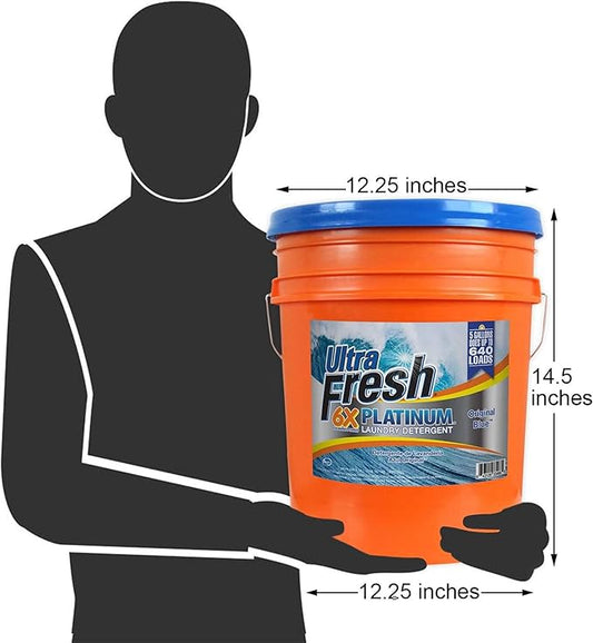 Ultra Fresh 6X Platinum Laundry Detergent, 5 Gallon, Bundled with Ultra Shine™ 3X Platinum™ Dishwashing Liquid and Pump, Up to 640 Loads, Orange/Blue