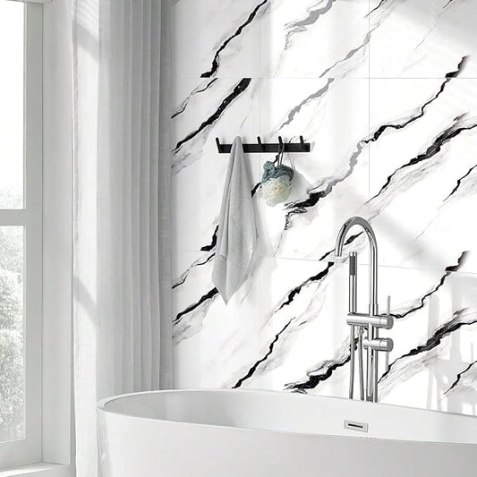 10pcsMarble Peel and Stick Waterproof Wall Panels,Backsplash Tile-23.6"x11.8"PVC Foam Wall Sticker for Kitchen,Living Rooms,Bedrooms TV Walls,Black and White,SlightlyYellowish(Not Real Tile 19.4Sq.Ft)
